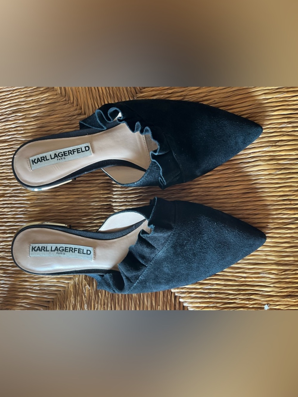 Karl Lagerfeld Farrah Black Suede Ruffle Mules Pointed Toe Size 6